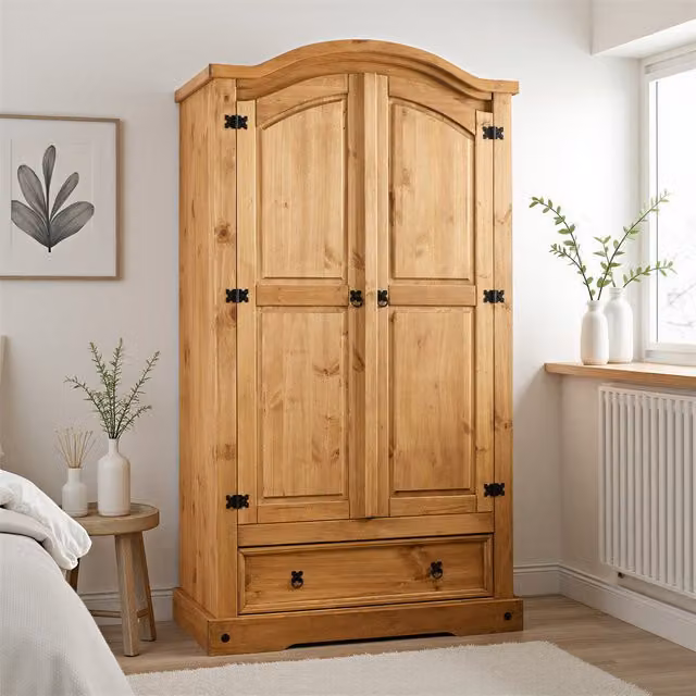 Seconique Corona Rustic Waxed Pine 2 Door 1 Drawer Wardrobe in Brown – 1