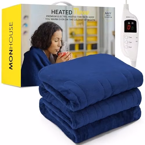 MONHOUSE Heated Electric Fleece and Flannel Throw, Blue/Grey, W: 130 cm, D: 160 cm – 1