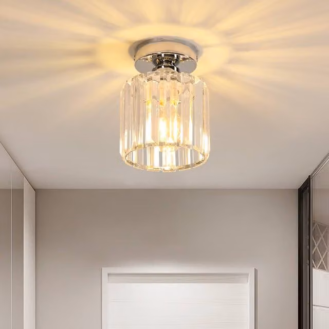 Pheashine Chrome Cylinder Crystal Flush Ceiling Light in Silver with E27 Socket – 1