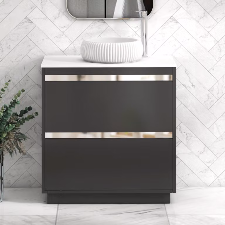 Royal Bathrooms Orion 800mm Matt Obsidian Black Floor Standing Vanity Unit with White Milan Stone Basin and 2 Drawers