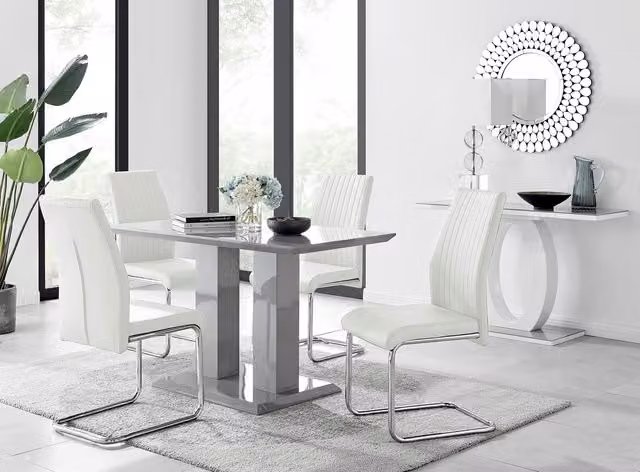 FurnitureboxUK Imperia Grey High Gloss 4 Seater Dining Table with 4 White Soft Faux Leather Lorenzo Chairs