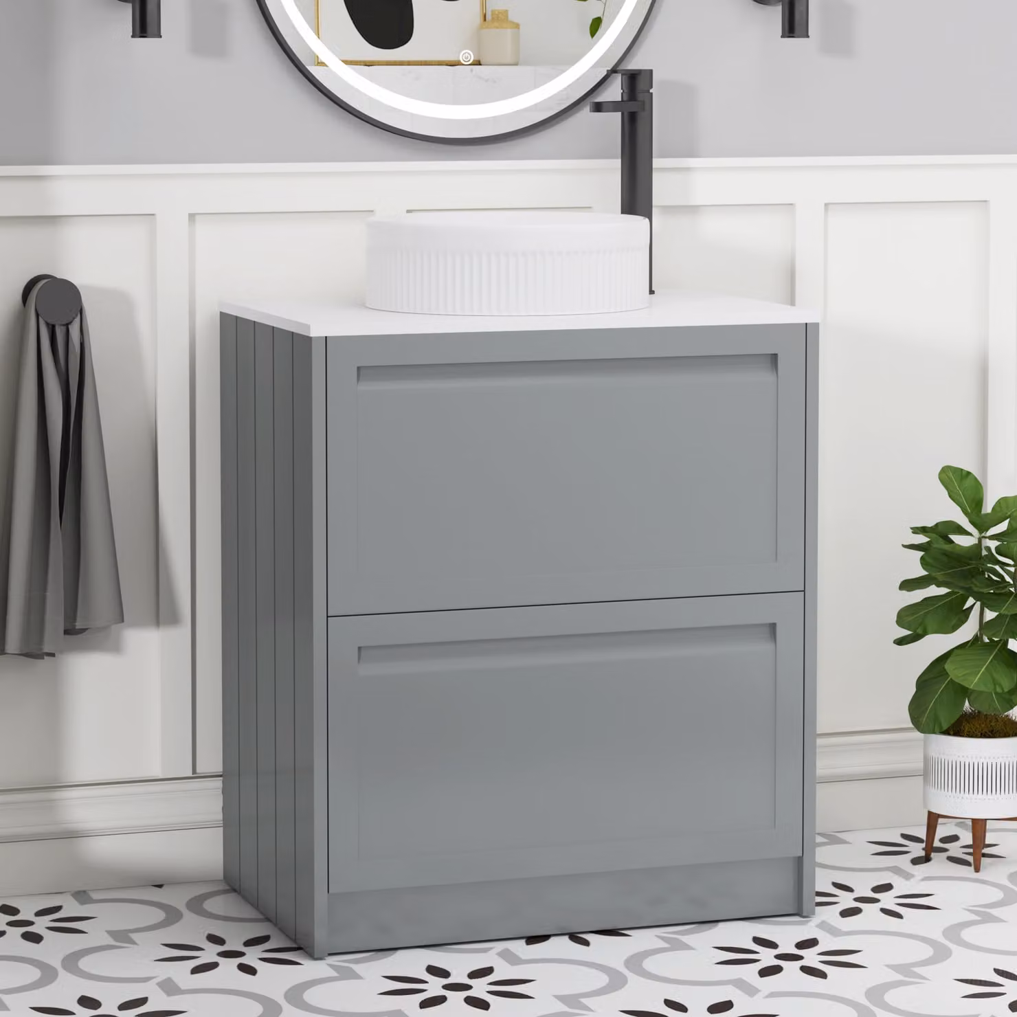 Royal Bathrooms Elmore 700mm Floor Standing Vanity Unit in Matt Pebble Grey with 2 Drawers, Plain White Worktop and Round Basin
