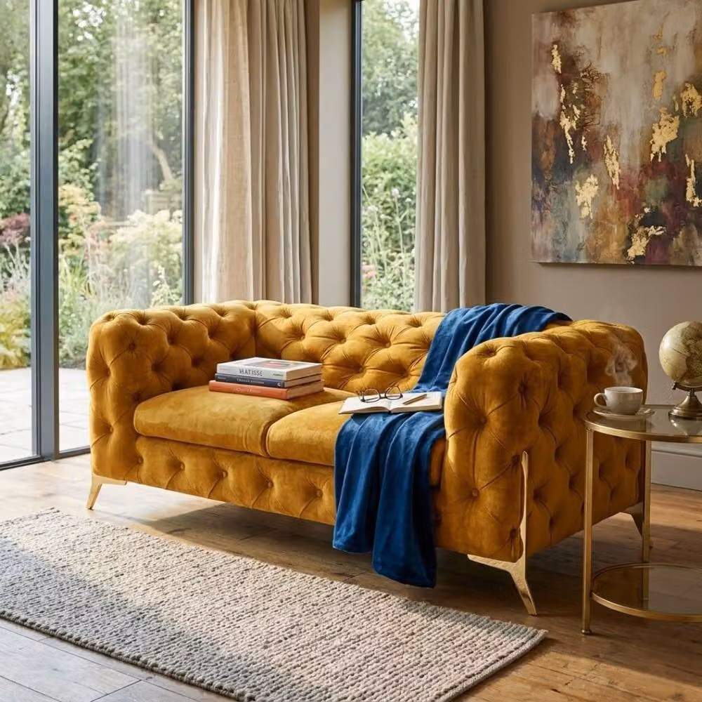 Stratus Interiors Gold Plush Velvet 2 Seater Chesterfield Sofa – 2
