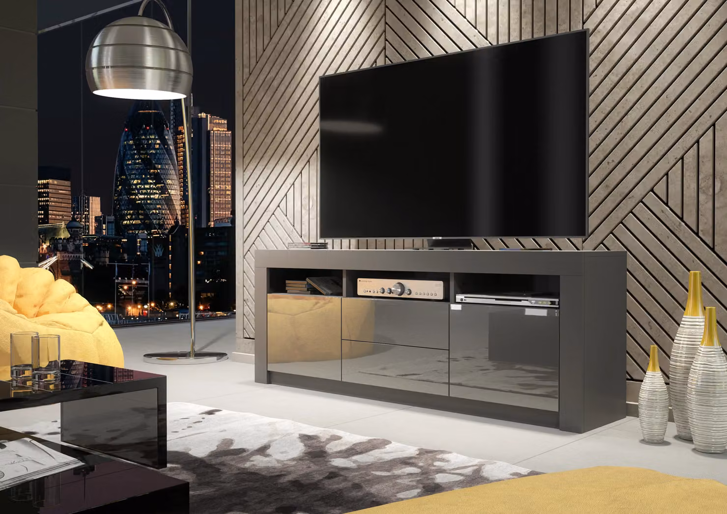 Creative Furniture Modern TV Unit in Grey with High Gloss Doors, W: 160 cm, H: 60 cm, D: 35 cm – 2