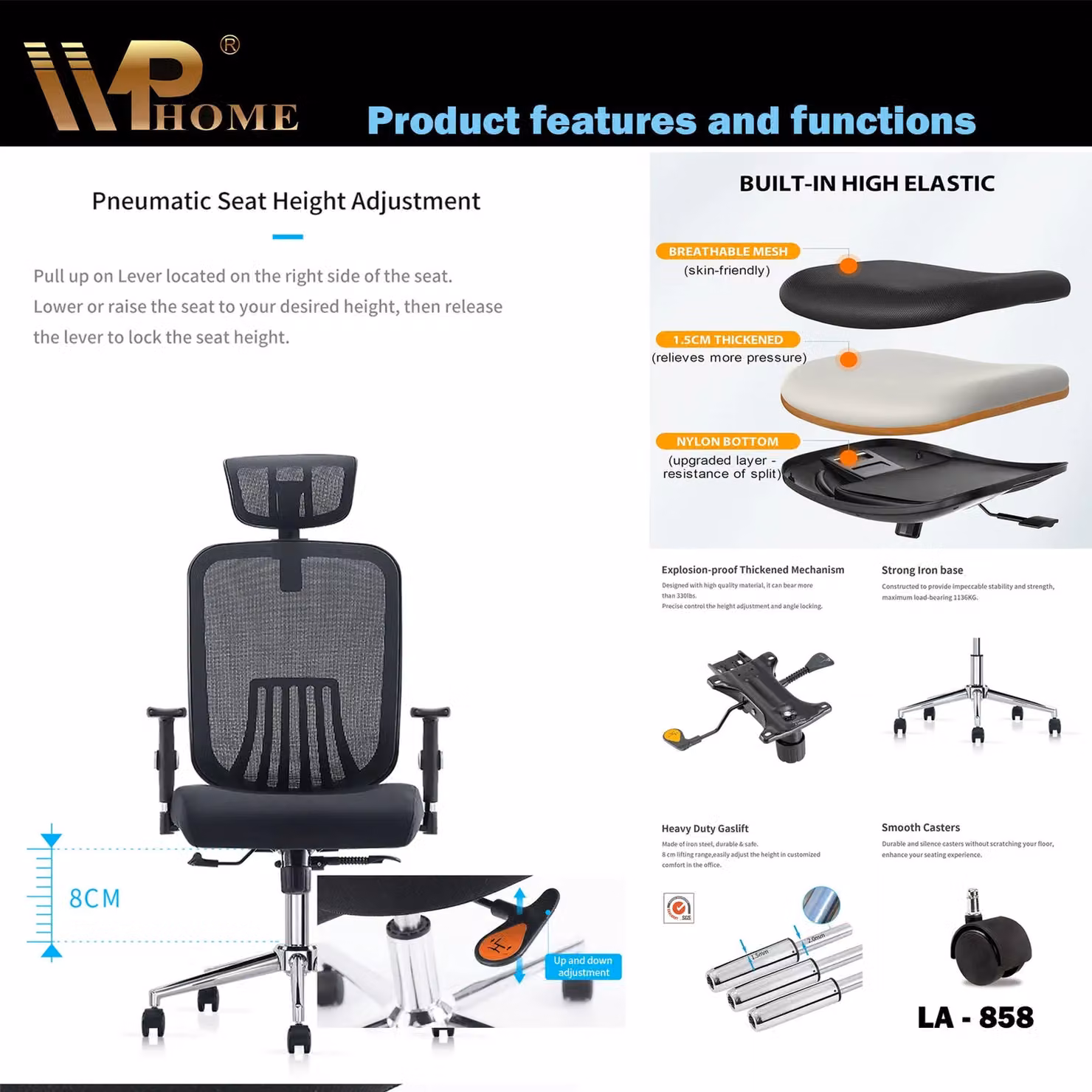 JFY Executive Reclining Office Chair in Black with Breathable Mesh, Headrest and 360 Degree Swivel – 6