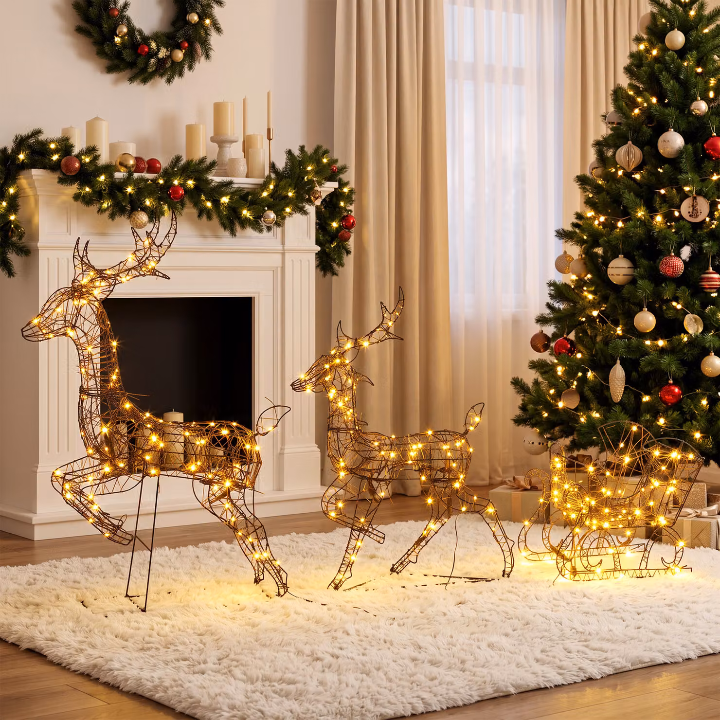 Outsunny 3-Piece Lighted Reindeer and Sleigh Set in Brown and White with Warm White LEDs and Daily Timer – 7
