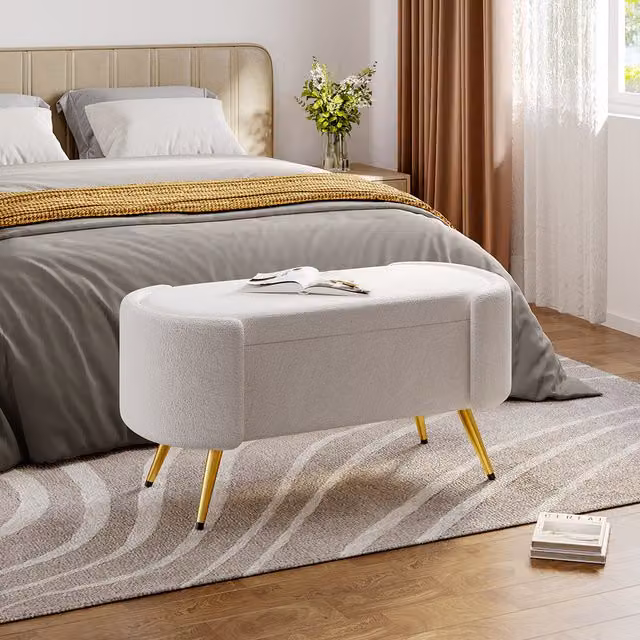 Livingandhome Upholstered Accent Stool Bench in Creamy-white with Gold Metal Frame