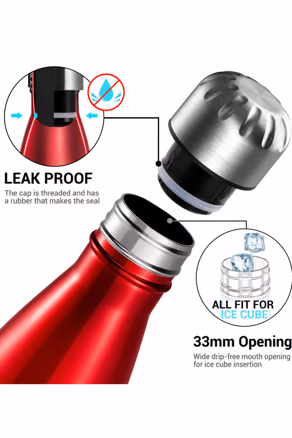Dyzi Red Stainless Steel Water Bottle, 500ml, Leak Proof and BPA Free – 3