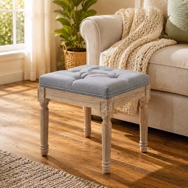 STILVORA Grey Fabric Foot Stool with Tufted Seat and Rubberwood Legs – 1