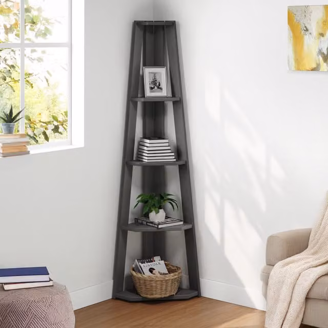 Mercers Furniture Corona Charcoal Corner Ladder Bookcase in Distressed Charcoal Wax, W/D/H: 61 x 36 x 161 cm