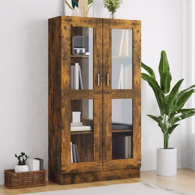 Berkfield Home Smoked Oak Vitrine Cabinet with Glass Doors, Brown, W/D/H: 82.5 x 30.5 x 150 cm