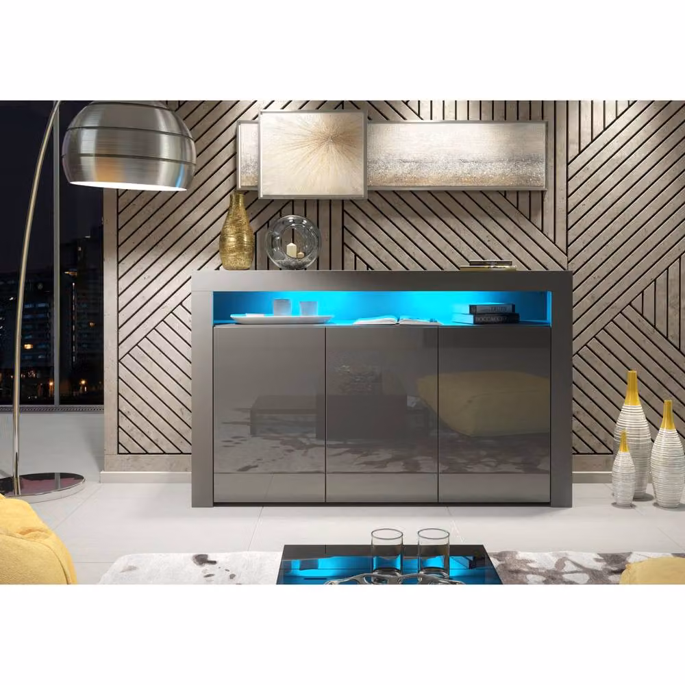 Mex Furniture LTD Aether Sideboard in Dark Grey with Glossy Doors and Integrated LED Lighting, W: 155 cm, H: 92 cm, D: 40 cm – 3
