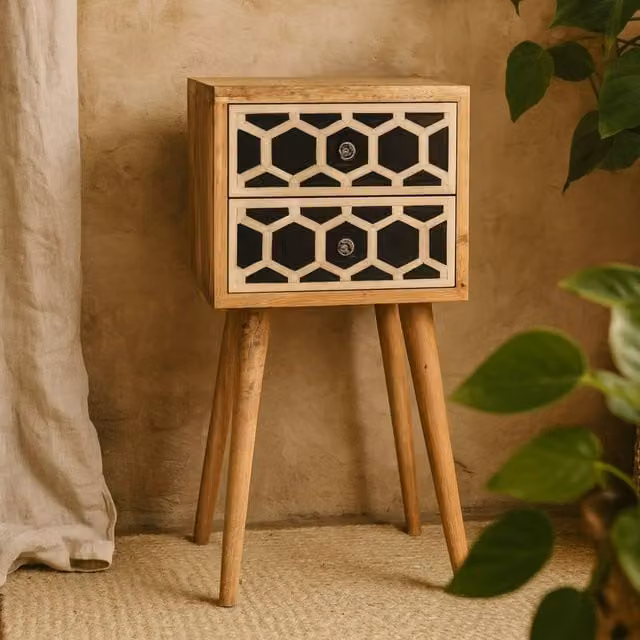Wyld Haus Valeggio Mini Mango Wood Bedside Table with Bone Inlay and 2 Drawers in Brown – 1