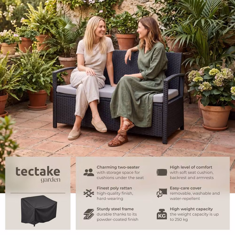 tectake Vecchia 2 Seater Rattan Garden Bench with Armrests in Black – 2