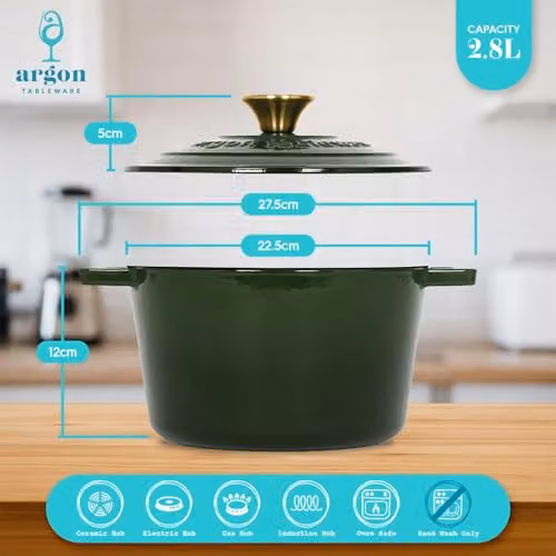 Argon Tableware Enamelled Cast Iron Round Casserole Dish with Self-Basting Lid, 2.8 l, Green – 3
