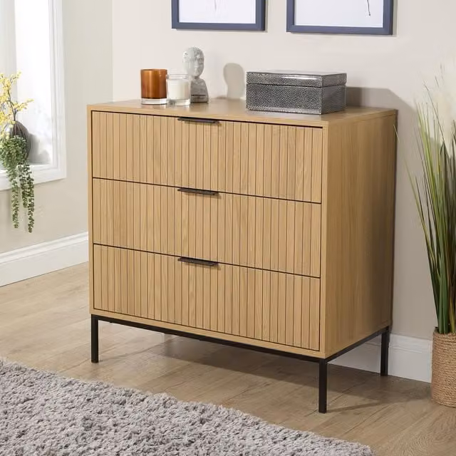 Home Source Wisbech Wide 3 Drawer Wooden Chest of Drawers in Brown and Black
