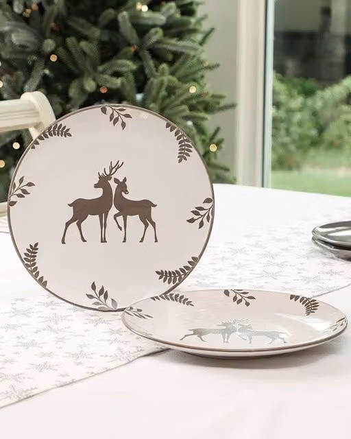 Dibor Set of 6 Grey and White Stag Ceramic Christmas Dinner Plates, Diameter: 27 cm