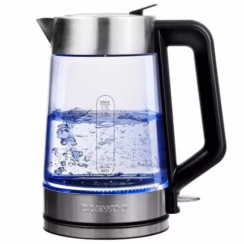 Daewoo Glass Kettle with Blue LED Illumination, 1.7 l, 3000 W Rapid Boil with Auto Shut-off, Transparent – 1