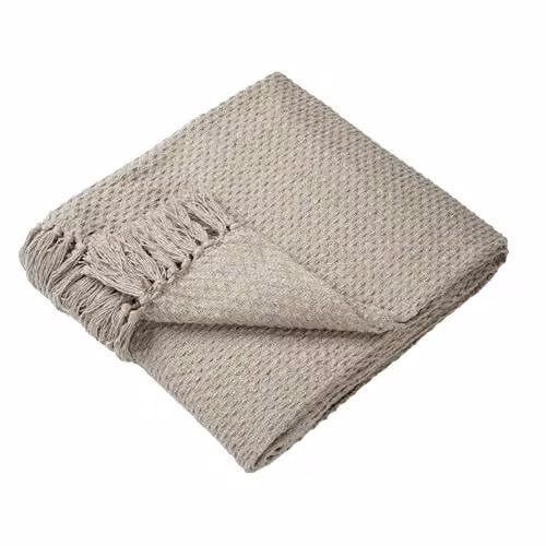 Drift Home Woven Cotton Throw with Fringes in Beige, W/D/H: 180 x 130 cm