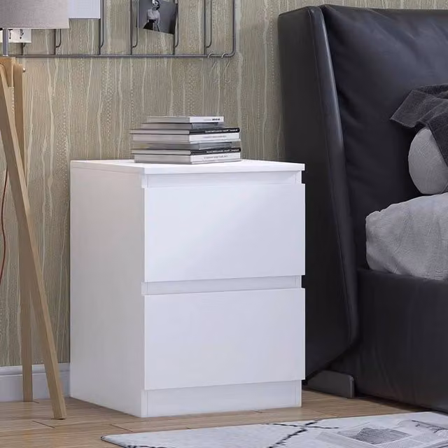 VOGREX White Handleless 2 Drawer Bedside Table with Deep Drawers and Fixed Runners