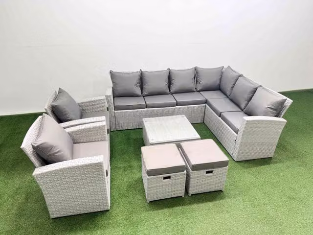 Fimous 10 Seater Rattan Garden Furniture Set in Light Grey with Upholstered Cushions and L-Shape Sofa Configuration