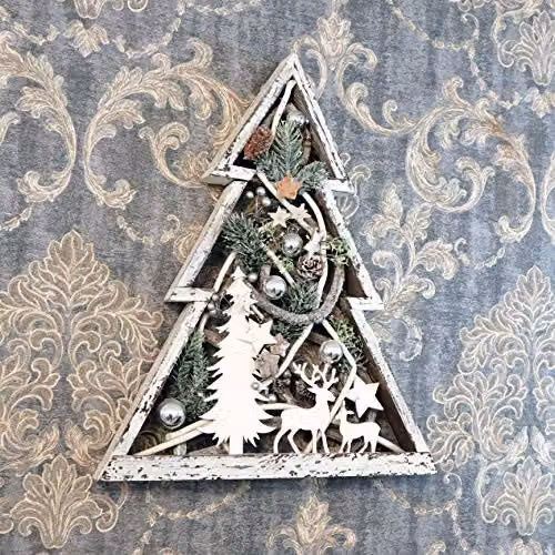 SHATCHI Rustic Wooden Christmas Tree Frame Tabletop Centrepiece with Warm White LED Lights, Pinecones and Baubles in Brown, Silver and White, Height: 43 cm – 3