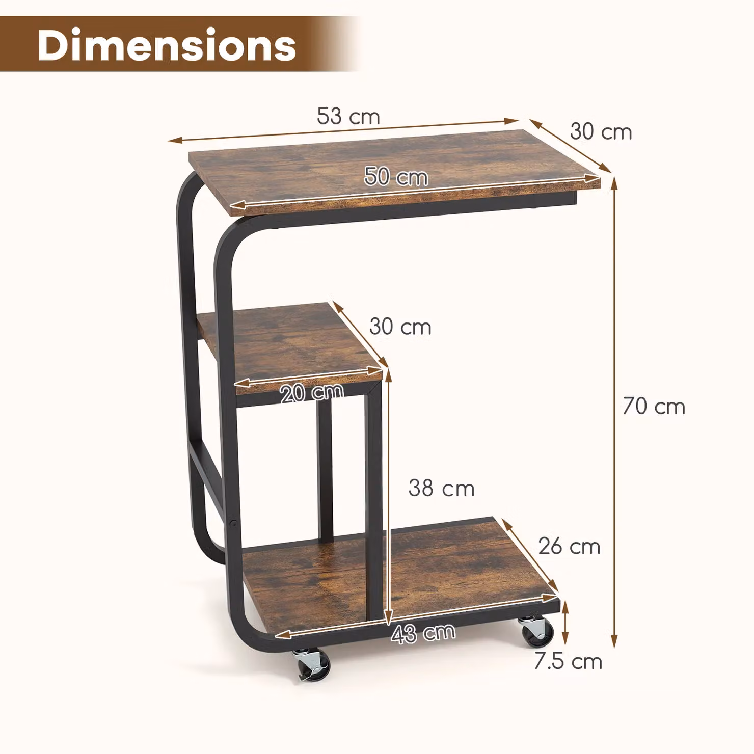 Gymax Set of 2 Industrial C-Shaped Rolling End Tables in Brown – 3