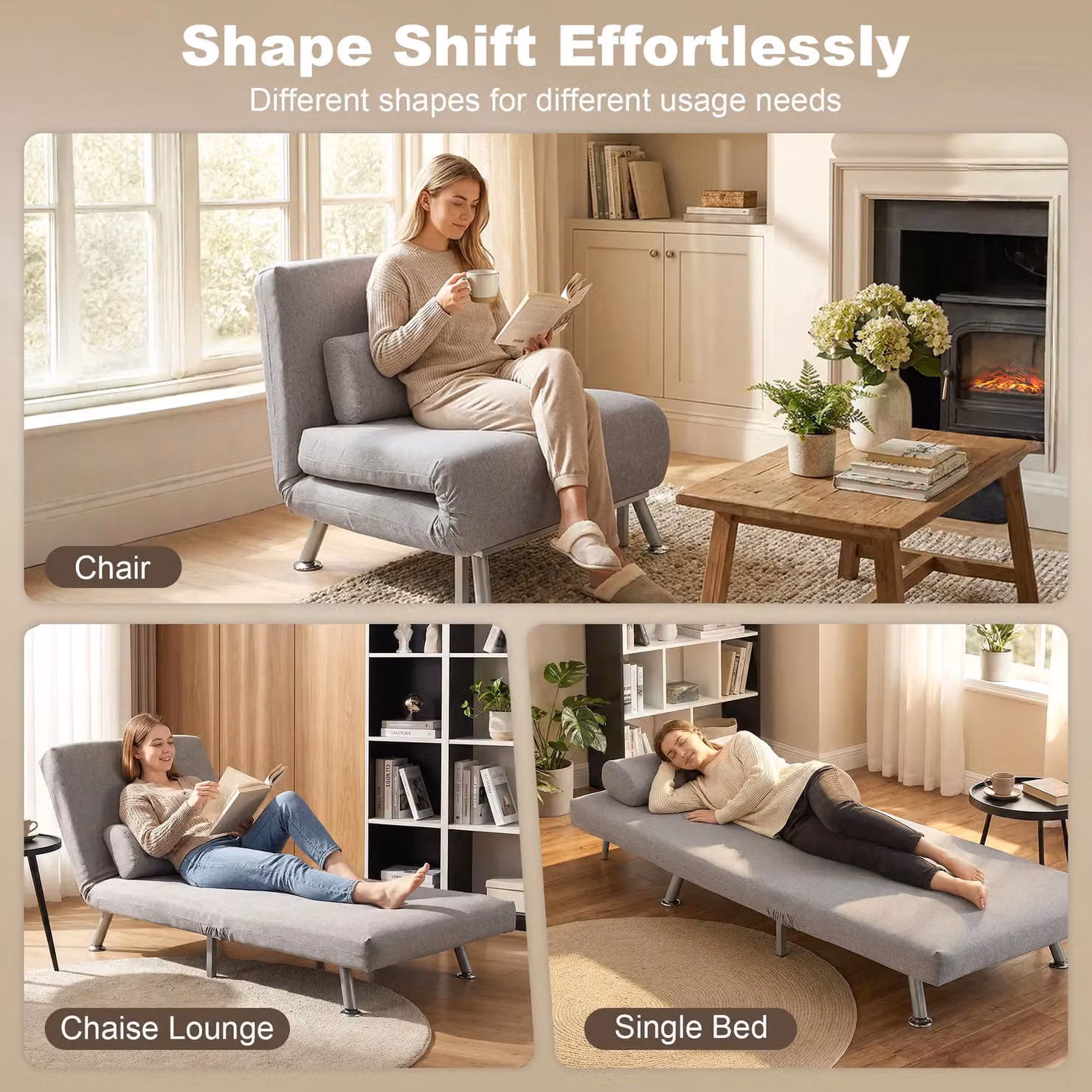 HOMCOM Single Folding 5-Position Convertible Sleeper Chair Sofa Bed in Dark Grey – 3