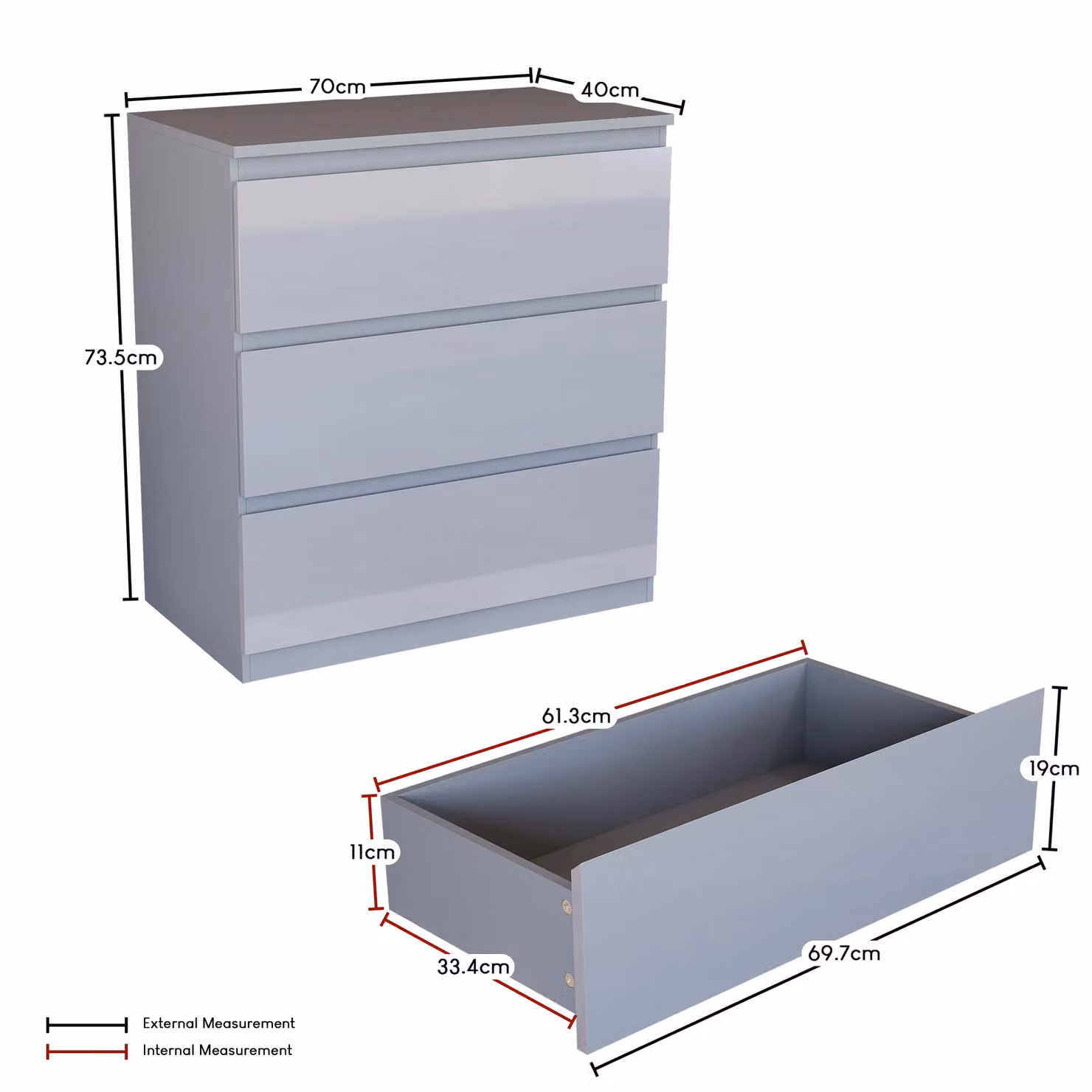 Vida Designs Glinton High Gloss 3 Drawer Chest of Drawers in Grey – 3