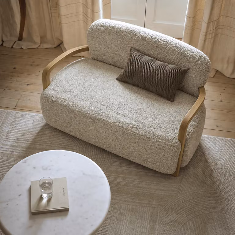 Atkin & Thyme Aviator Loveseat in Beige Bouclé Fabric with Mango Wood Frame
