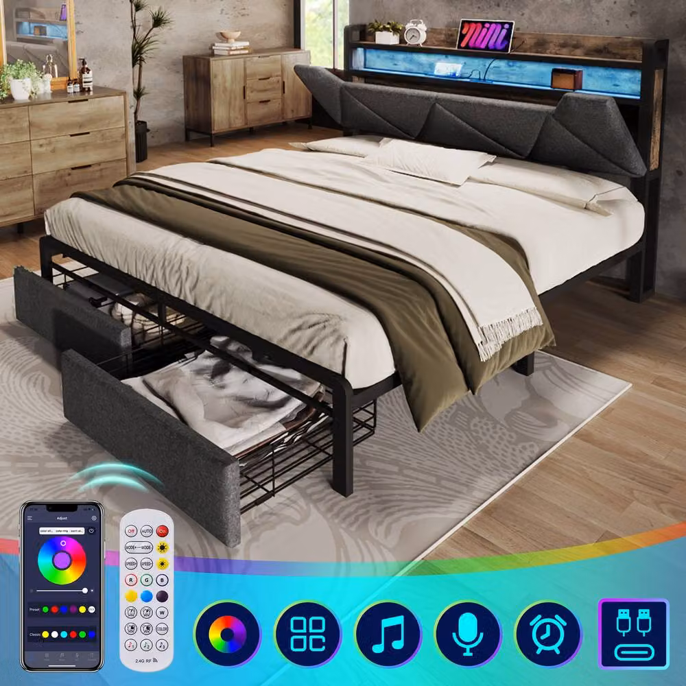 Rolipo Grey Linen Double Bed Frame with LED Lighting, USB Charging Ports and Drawers, W/D/H: 140 x 200 cm – 9