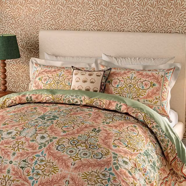 Morris & Co. Earthly Paradise Floral Cotton Percale Duvet Cover and Pillowcase Set, Pink and Green, W: 180 cm, H: 200 cm
