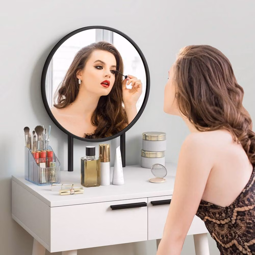 Wyld Haus Comika White Dressing Table and Stool Set with Round Mirror and 2 Drawers – 4