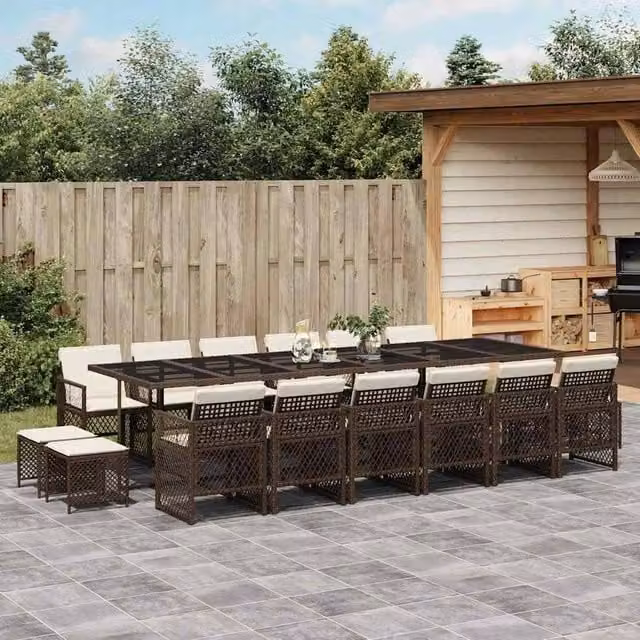 Berkfield Home 17 Piece Brown Poly Rattan Garden Dining Set with Cushions and Glass Tabletop – 1