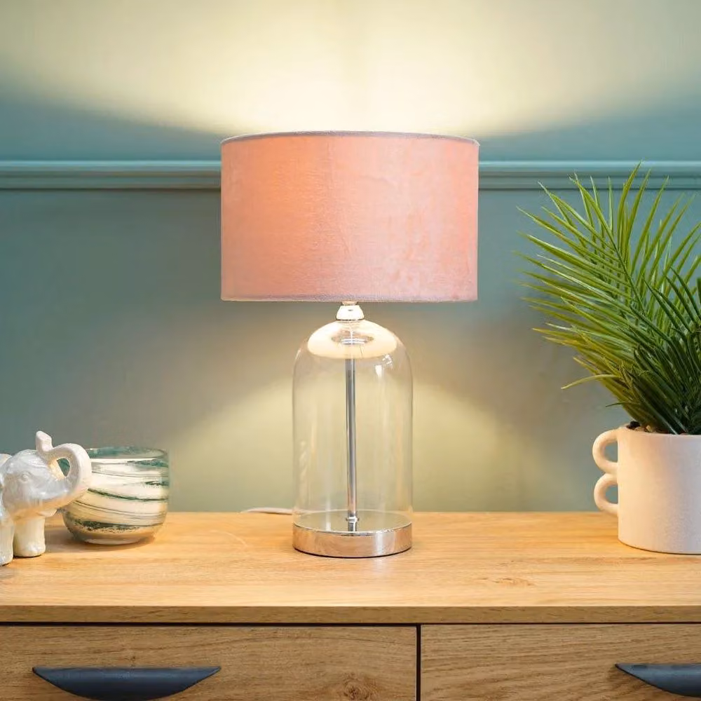 ValueLights Jessy Chrome and Glass Table Lamp with Blush Pink Fabric Shade in Silver – 3