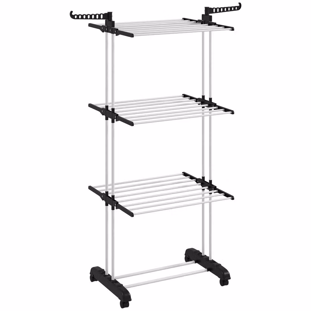 STILVORA 4-Tier Metal Clothes Drying Rack with Wheels and Hooks in Black and White – 3