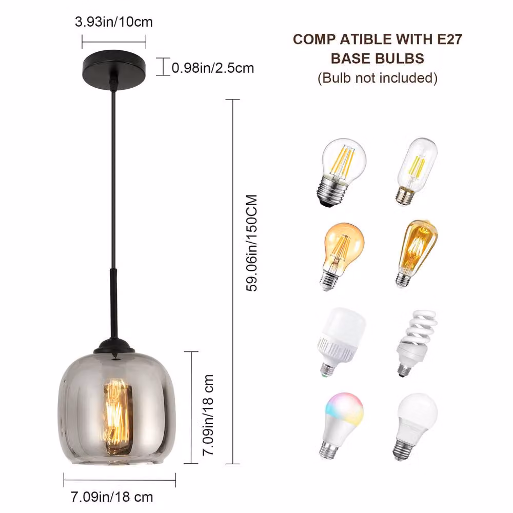 Pheashine Modern Round Smoked Grey Glass Pendant Light with Black Base and E27 Socket – 6