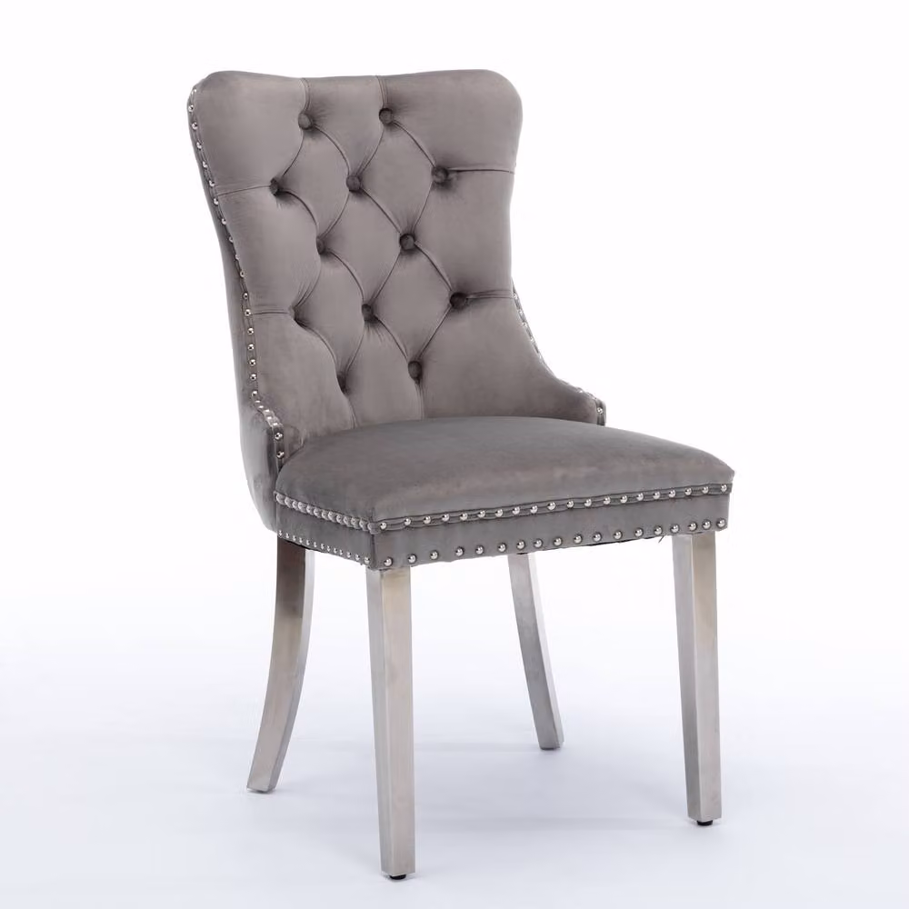 Modern Home Touch Winchester Set of 2 Grey Velvet Upholstered Dining Chairs with Silver Chrome Legs – 2