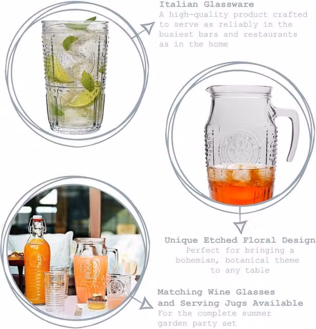 Bormioli Rocco 7 Piece Romantic Glass Water Jug and Glasses Set in Transparent