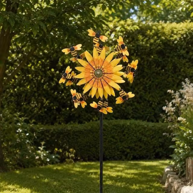 FLAVORA Bee and Sunflower Metal Garden Spinner with Spike in Yellow – 1