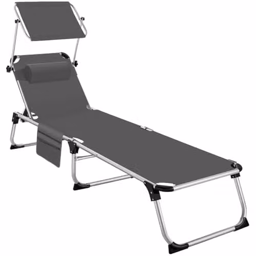 tectake Aurelie Folding Sun Lounger in Grey with Powder Coated Aluminium Frame, Sun Canopy and Adjustable Headrest – 1