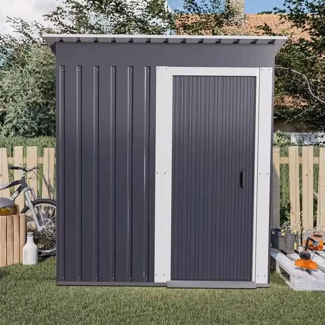 FLAVORA Grey Galvanised Steel Metal Garden Shed with Double Doors and Gable Roof – 1