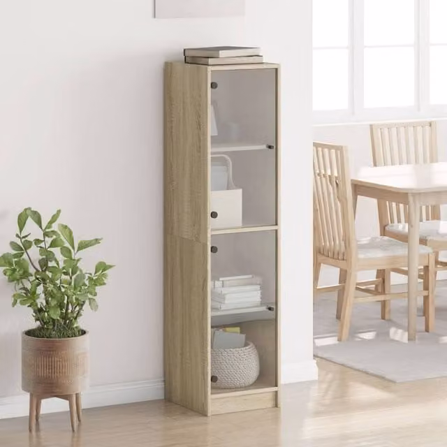 Berkfield Home Highboard with Glass Doors in Sonoma Oak and Beige, W/D/H: 35 x 37 x 142 cm