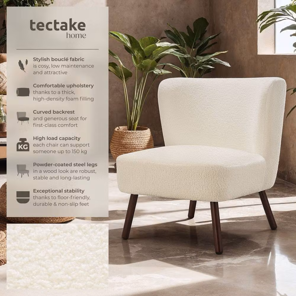 tectake Teddy Lounge Chair with Armrests in White Bouclé Fabric and Metal Frame – 2
