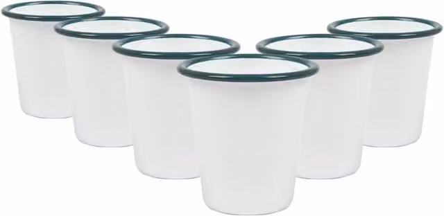 Argon Tableware Set of 6 White and Green Enamel Steel Mugs, 300 ml each