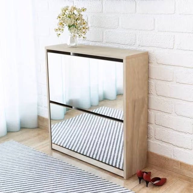 Berkfield Home 2-Layer Mirror Shoe Cabinet in Brown Oak, W/D/H: 63 x 17 x 67 cm