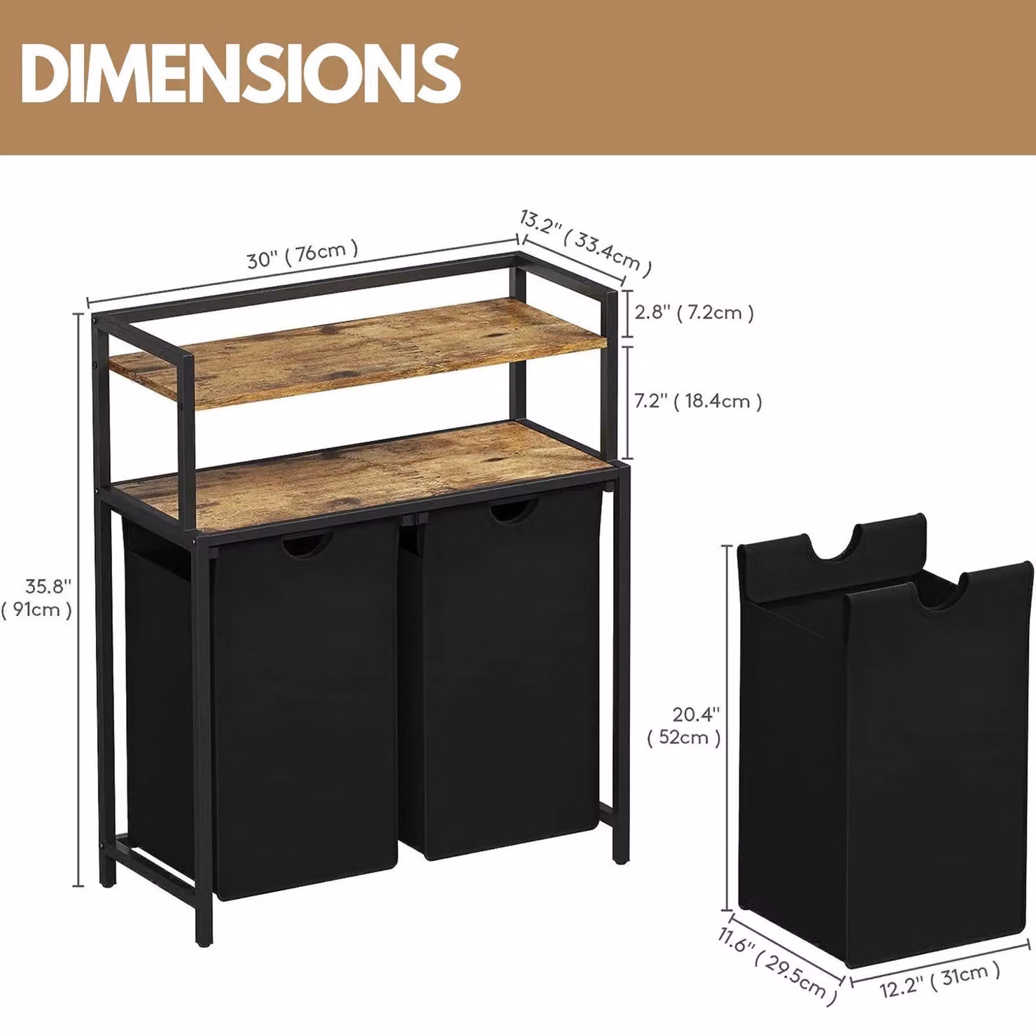 Rafaelo Mobilia Industrial Double Laundry Basket with 2 Shelves in Dark Brown and Black – 2