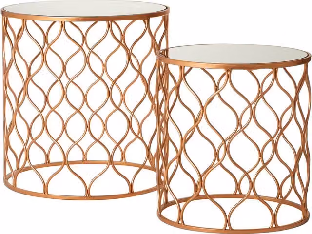 Orsina Set of 2 Round Copper Accent Tables with Mirrored Glass Tops and Gold Metal Frames in White – 1