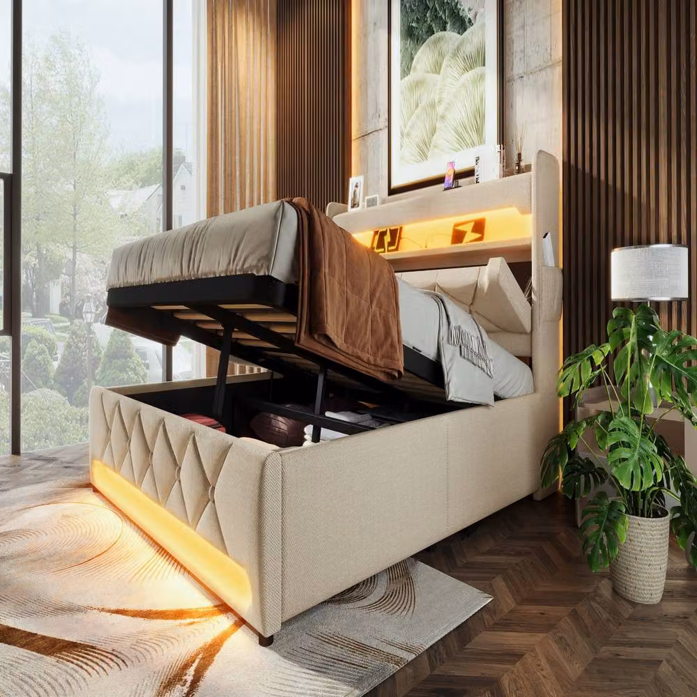 Rolipo King Size Ottoman Bed in Beige Linen with LED Under-Bed Lighting and USB Charging Ports, W/D/H: 180 x 200 cm – 6