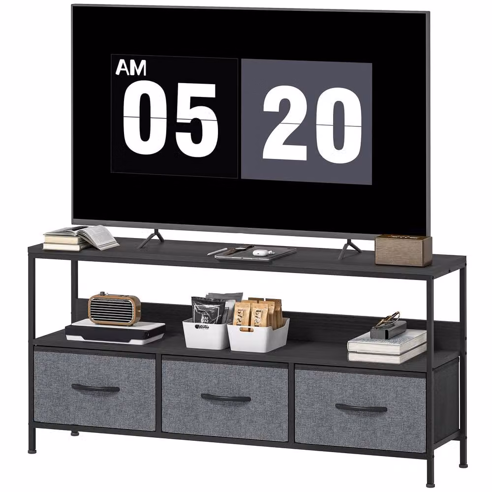 STILVORA Industrial Black Metal TV Stand with 3 Drawers and Media Compartments – 3